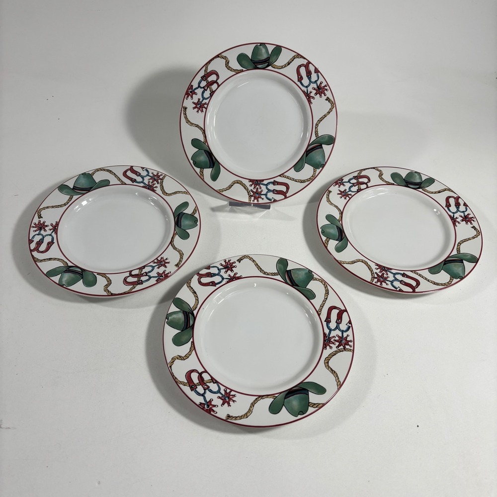 Sakura Laredo Stoneware Salad Plates Set of 4 Western Cowboy Hat Spurs 7.5" 1992
